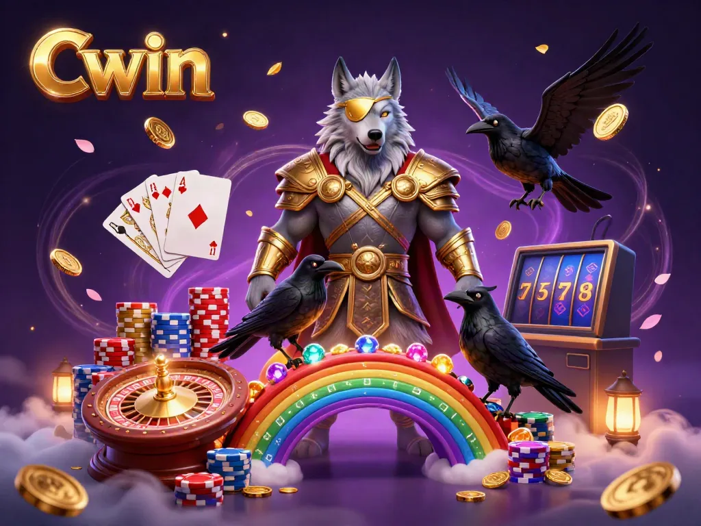 Cwin engages gamblers with an epic 3D illustration of Odin, a wolf, and ravens in a casino-themed scene.