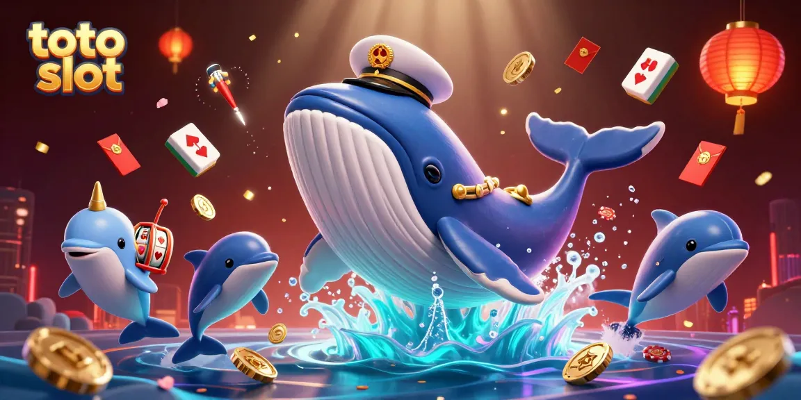 Gambaran animasi 3D menarik dengan karakter ikan paus yang mengenakan jas kapten pada permainan toto slot