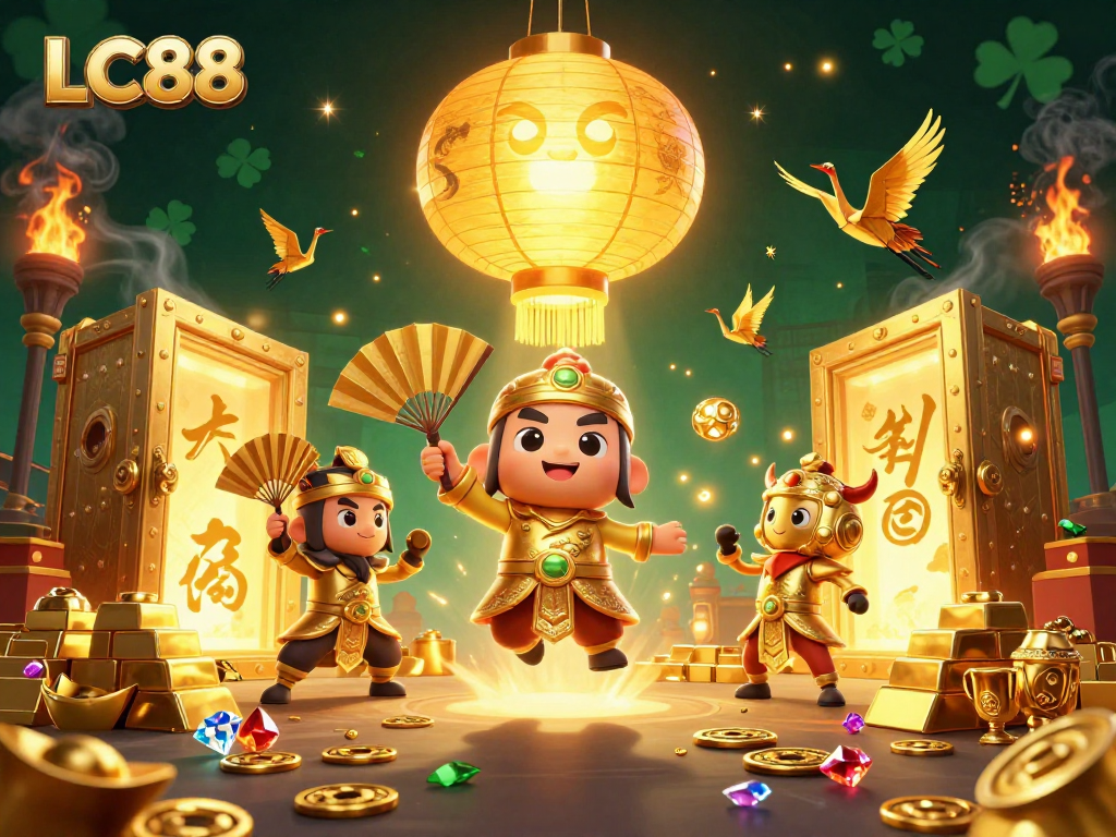 LC88 online gaming promotions featuring vibrant 3D characters and treasure elements.