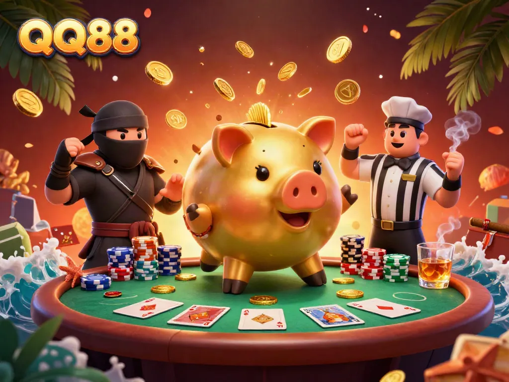 Watch QQ88's exciting gaming world with golden piggy bank sumo wrestler and dynamic casino elements.