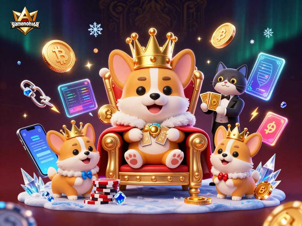 Engage with gamenohu68 casino excitement featuring a regal corgi on a poker chip throne surrounded by crypto elements.