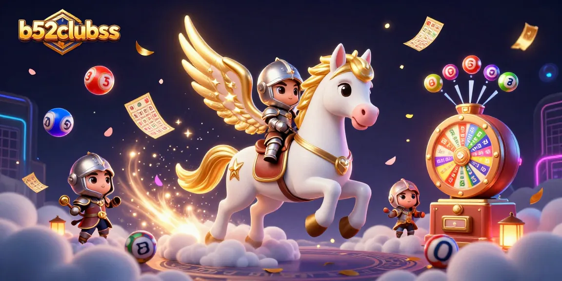 B52clubss showcases exciting lottery action with vibrant balls and a magical armored knight in a colorful casino environment.