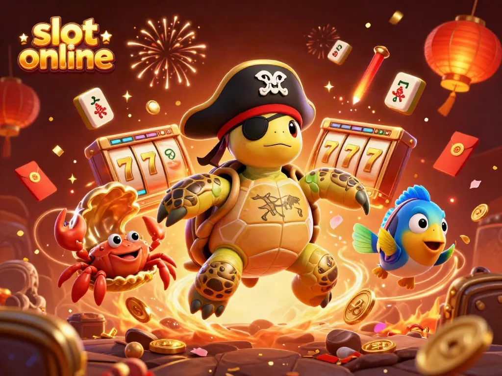 Spin slot online with a 3D pirate turtle and treasures galore in a vibrant illustration.