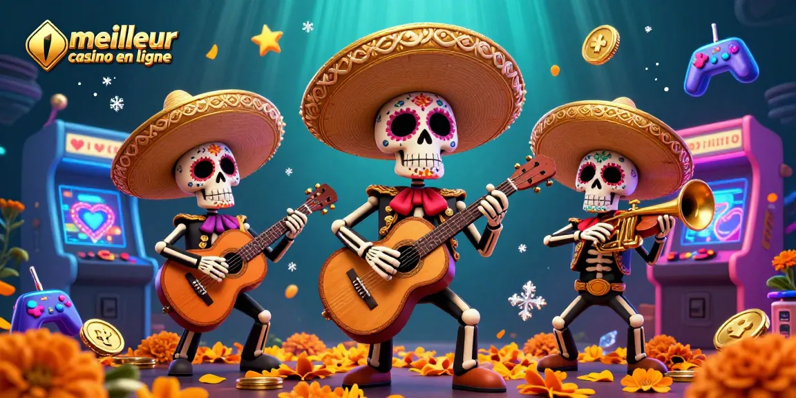 Découvrez le meilleur casino en ligne avec des illustrations colorées de musiciens de mariachi et des machines à sous.