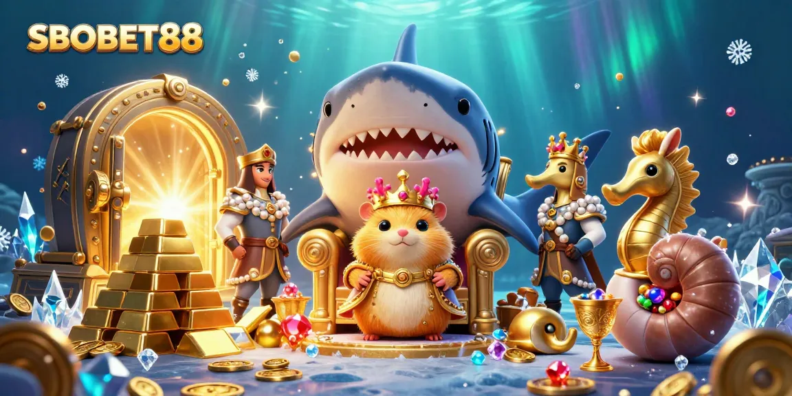 SBOBET88 menampilkan raja hamster emas di tahta gigi hiu megalodon, dikelilingi harta karun dan efek bersinar.