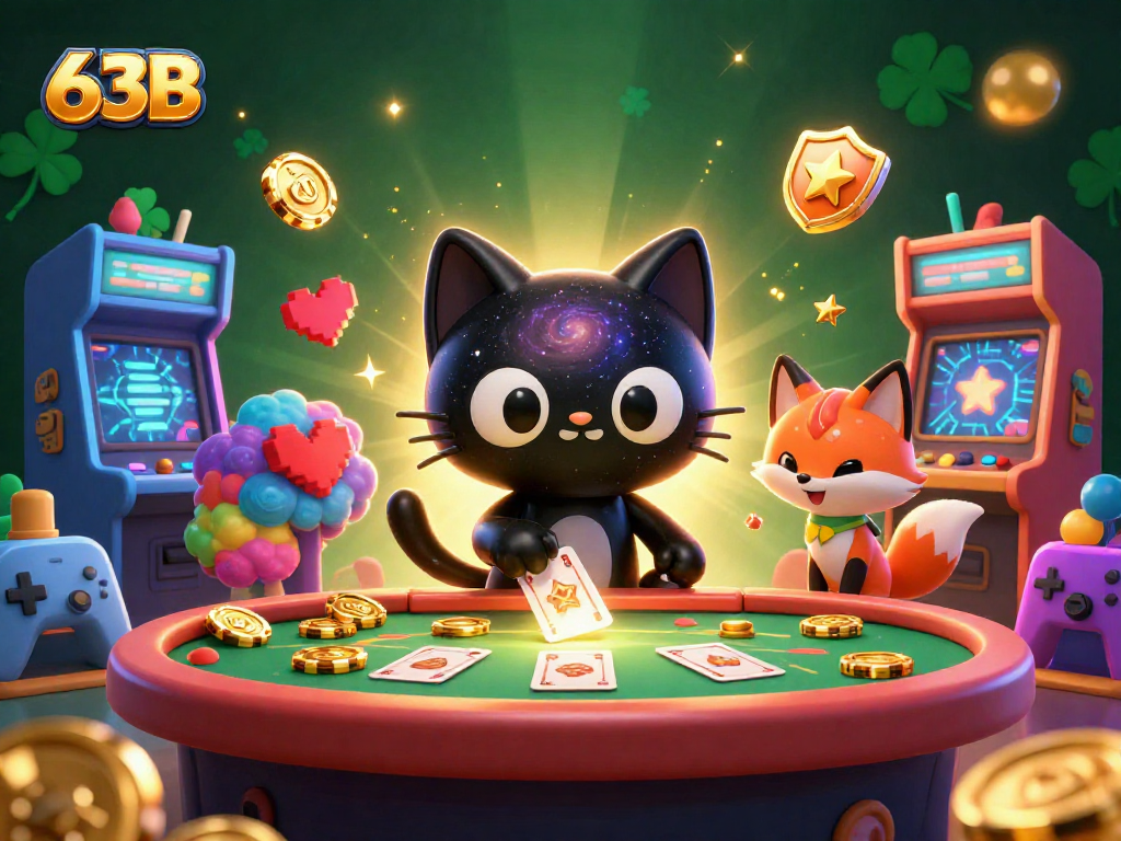 O 63B traz um gato preto cósmico interagindo com fichas de cassino e máquinas de arcade.