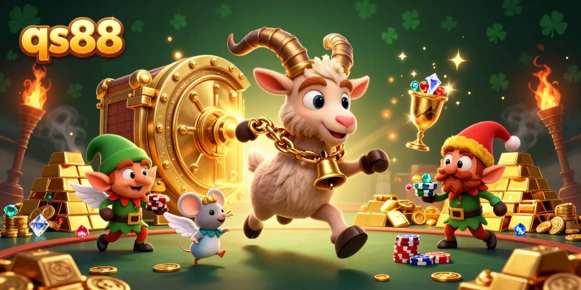 Experience thrilling games at qs88 with 3D Krampus and fun characters in a vibrant casino scene.