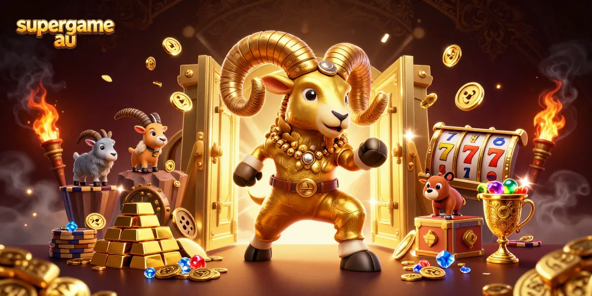 Engage with supergame au, featuring a dynamic scene with a golden ram and slot machines amidst stunning treasure visuals.