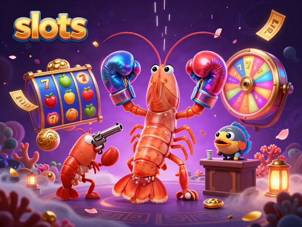 Engaging 3D scene featuring cartoon mantis shrimp and a coral grouper in a vibrant slots casino atmosphere.