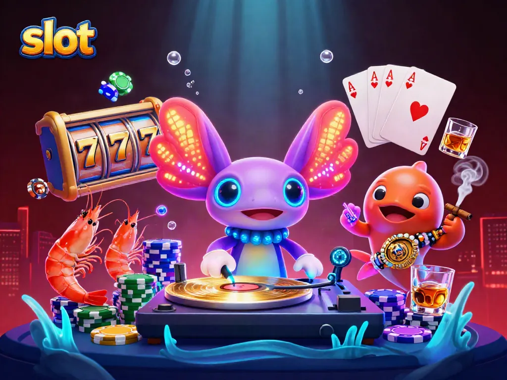 Spin exciting slot reels with a colorful axolotl DJ and dynamic casino vibes.