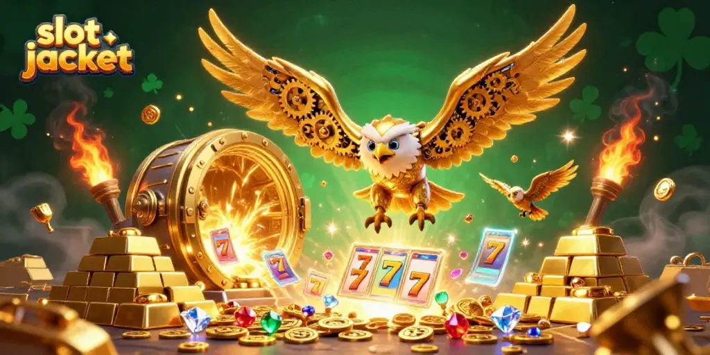 Memenangkan slot jackpot dengan eagle cybernetic melawan latar belakang kasino yang gemerlap