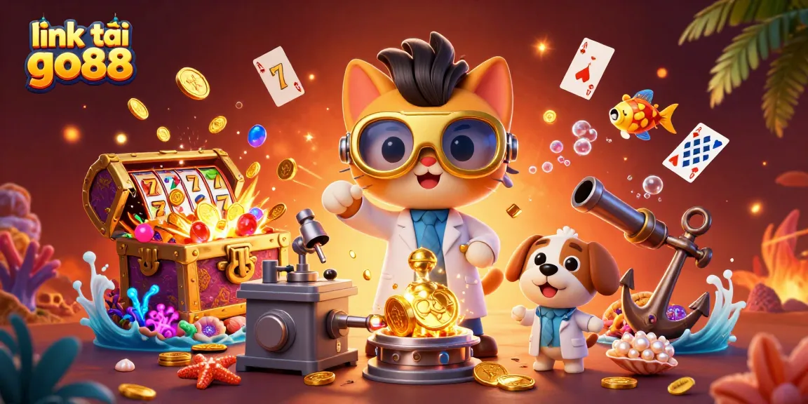Play exciting games with link tải go88, featuring dynamic illustrations of a casino adventure with gold coins, slots, and vibrant characters.