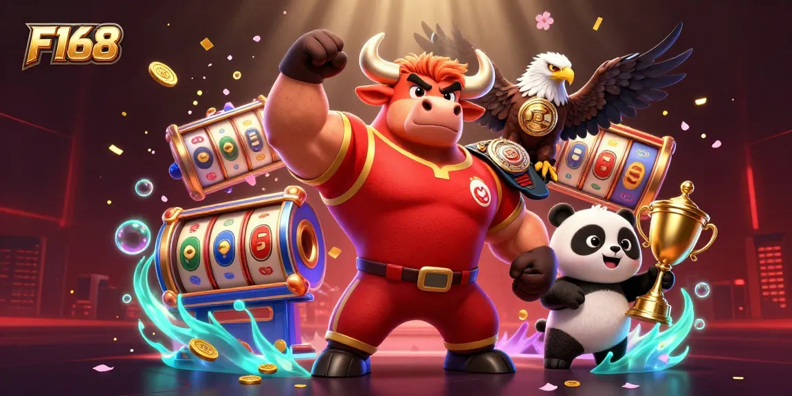 Experience the excitement of F168 with a dynamic 3D illustration showcasing a victorious bull mascot, an eagle, and a panda amidst colorful gaming elements.