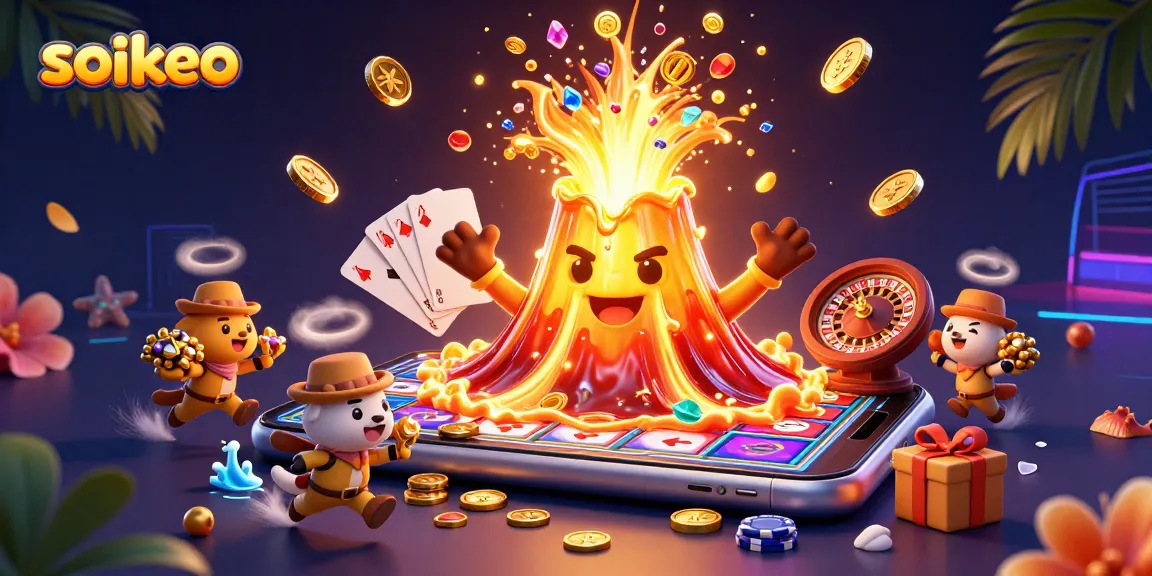 Experience thrilling excitement with soikeo, as the golden volcano erupts with treasures in this casino-themed scene.