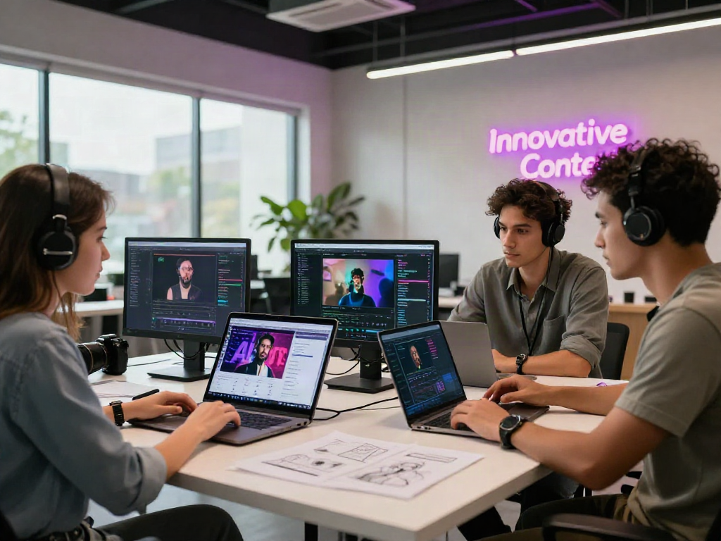 AI porn creative team collaborating in modern studio space.