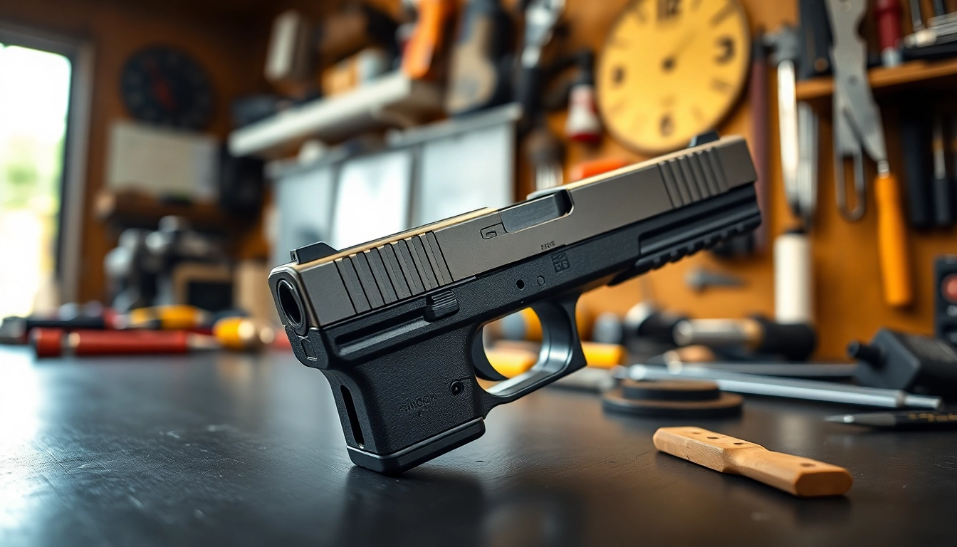 Showcase of a glock 19 slide in a detailed workshop environment with tools.