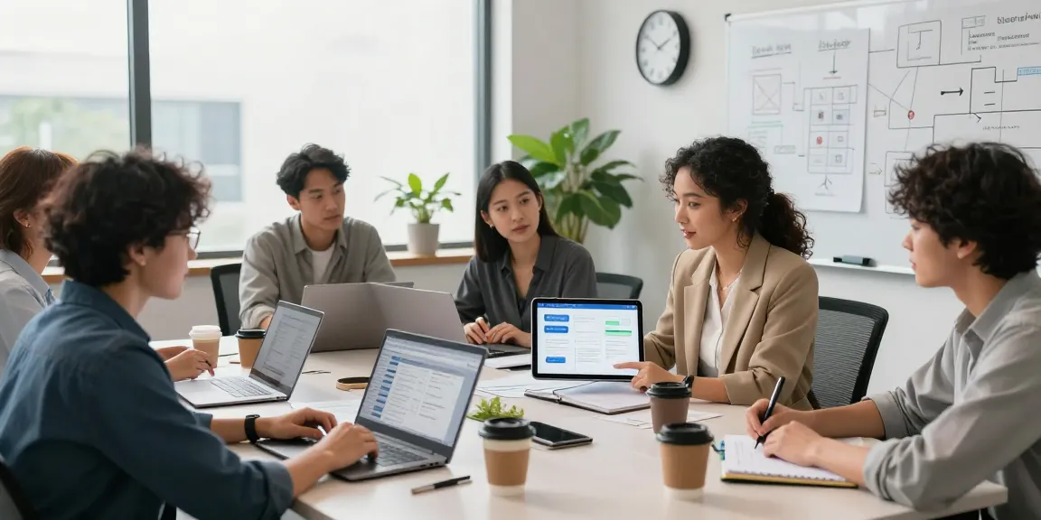Team collaboration in a modern office building tools with AI, showcasing discussions and planning sessions.