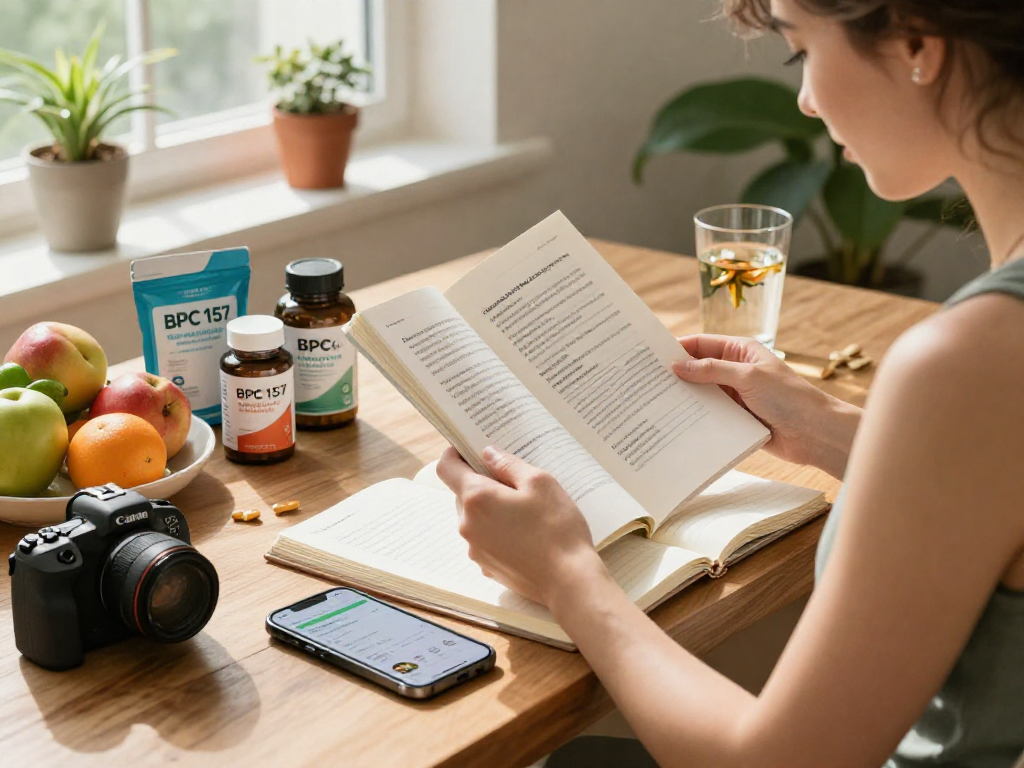 BPC 157 side effects explored in a serene health and wellness setting with supplements, greenery, and focused individual.