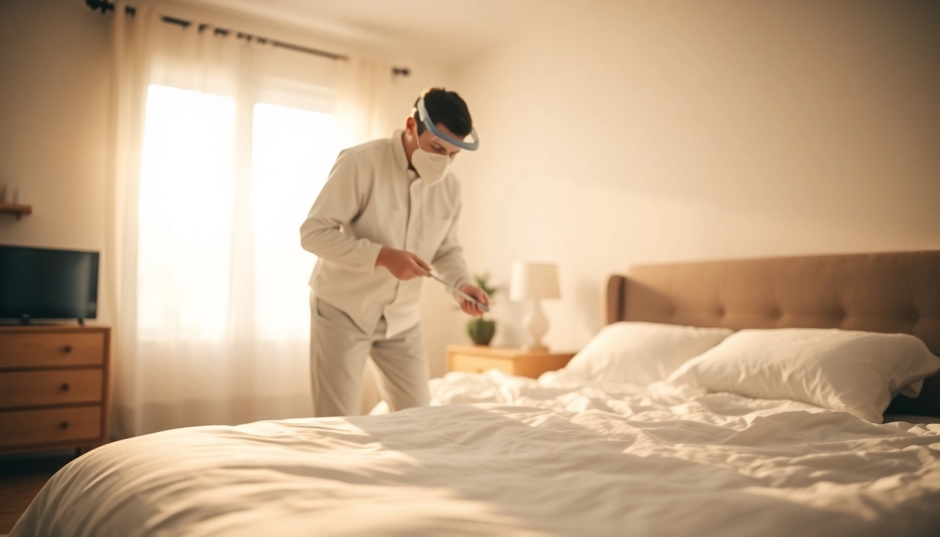 Technician implementing bed bug pest control measures in a comfortable bedroom environment.