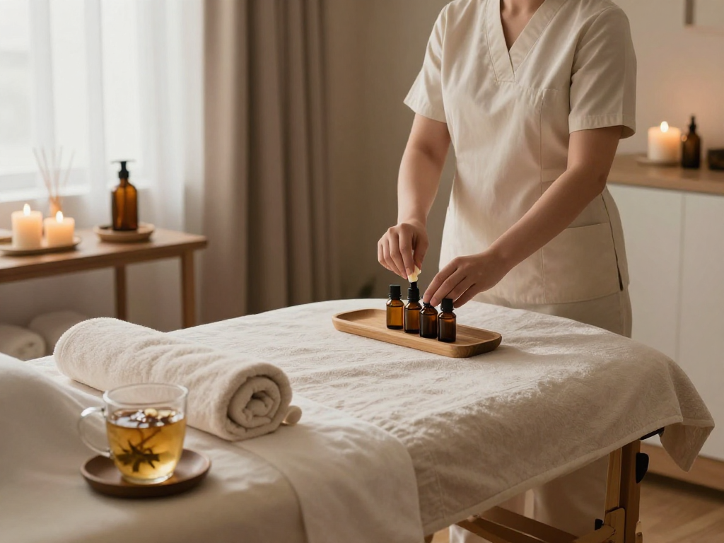 Relaxing wellness therapy room with mantra88 aromatherapy oils and serene ambiance.