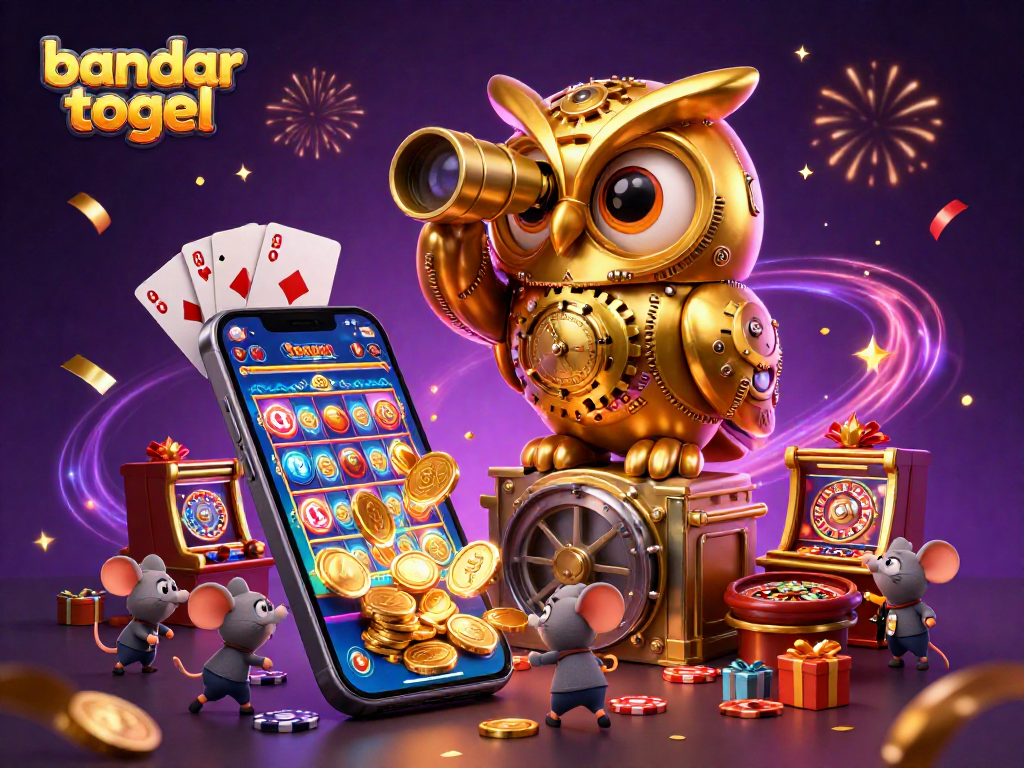 Engage with bandar togel in an ultra-detailed 3D casino scene featuring golden owl and lively slot games.