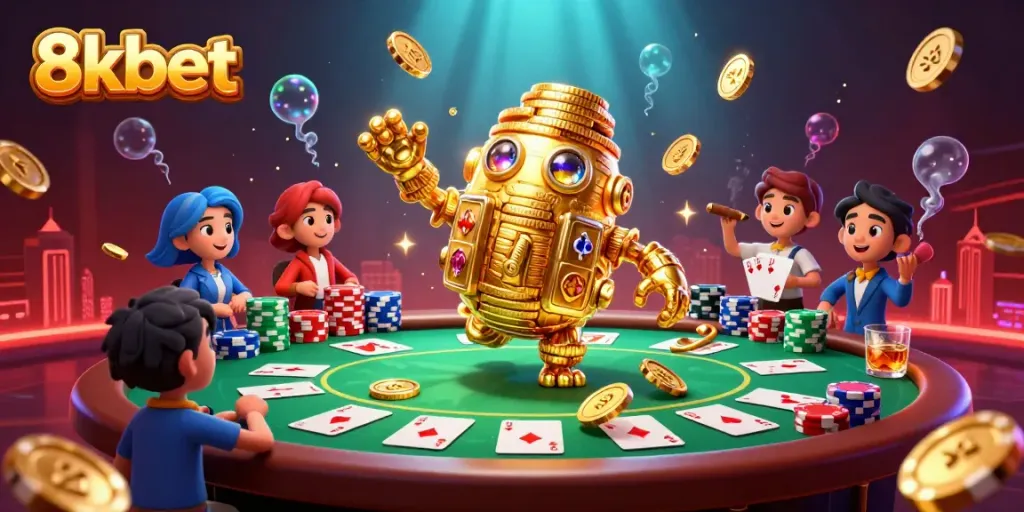Engage with exciting 8kbet gaming action featuring a golden golem surrounded by vibrant casino elements.