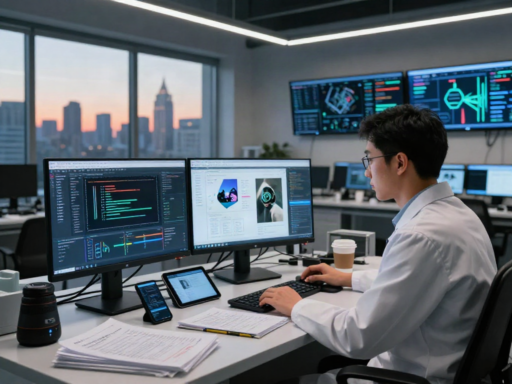 AI-Generated Image Detection analysis in a modern tech lab with a data scientist examining images on high-resolution monitors.