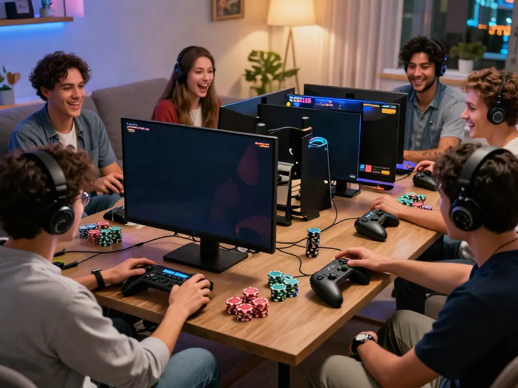 Engaged friends enjoying Slot MAHJONGJP88 gaming experience in contemporary living room.