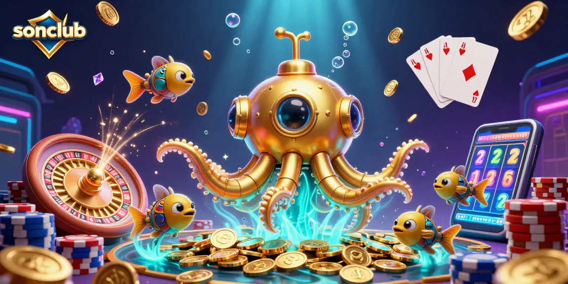 Experience the thrill at sonclub with a vibrant underwater casino environment featuring a golden kraken and dynamic gaming elements.