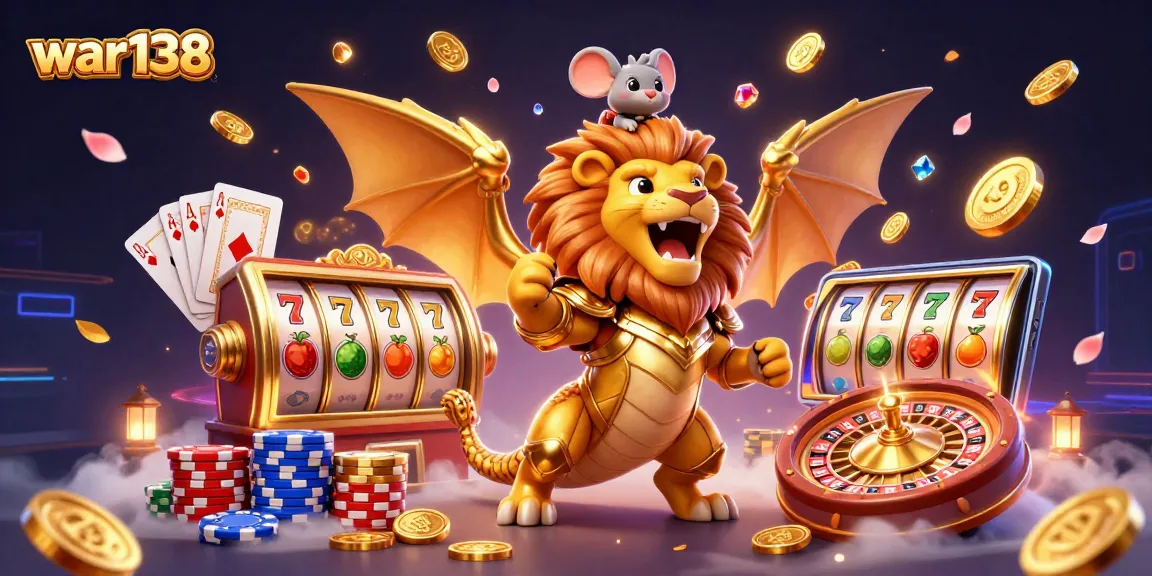 Experience thrilling spins and jackpots at war138 with a victorious chimera and slot symbols.