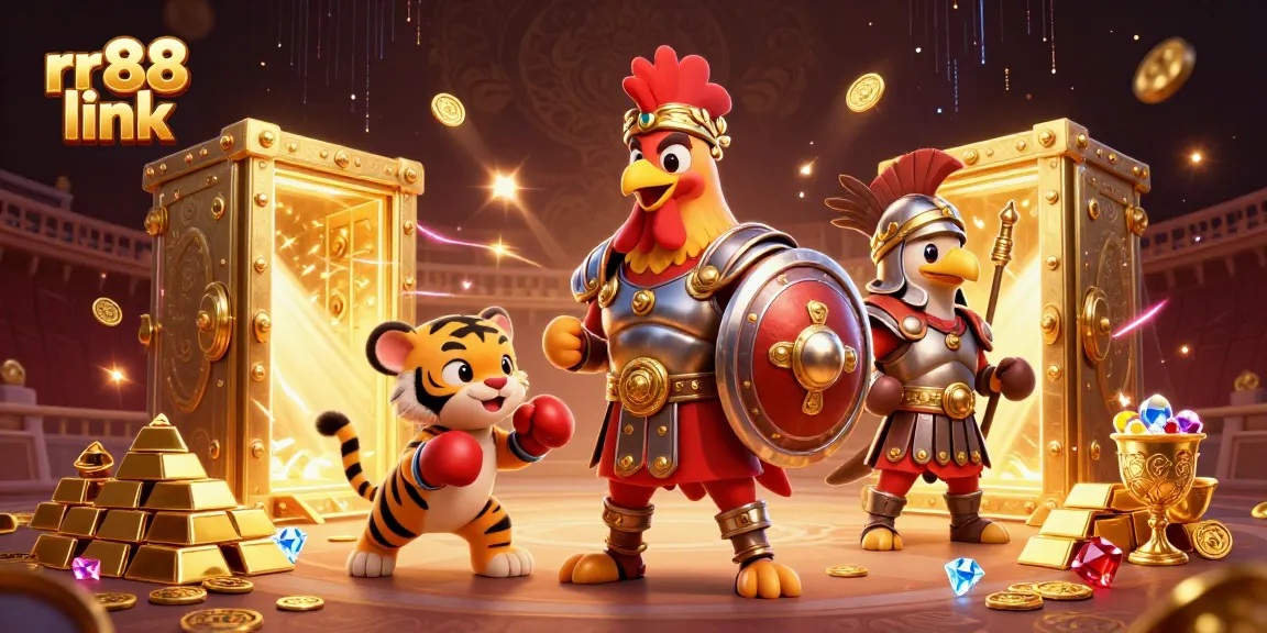 Experience thrilling gameplay at rr88 link with a dynamic rooster in armor, sparring elements, and gold treasures.
