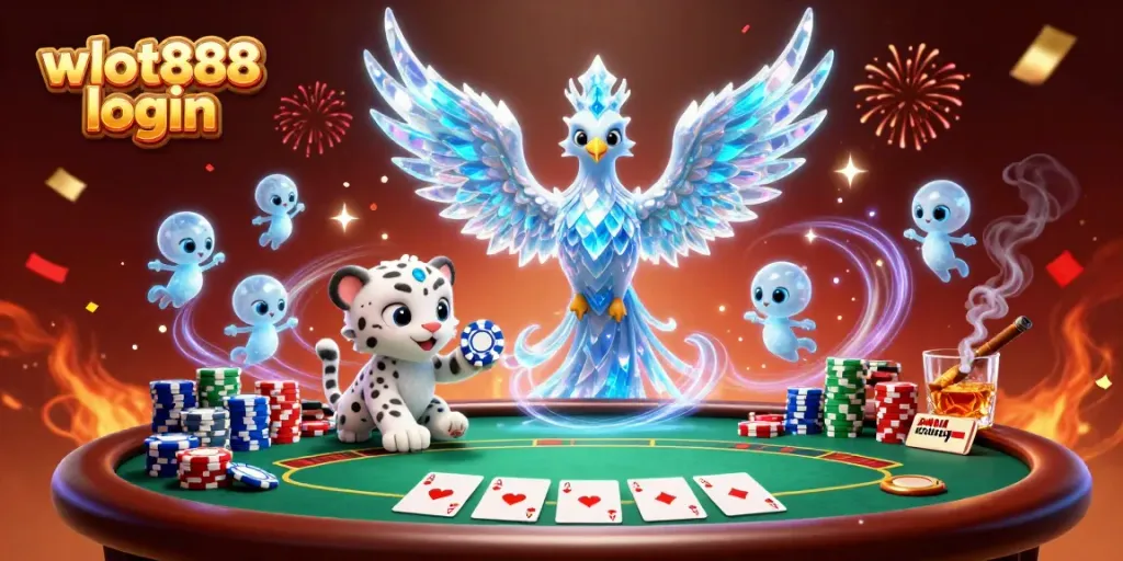 Menangkan permainan dengan wslot888 login, ilustrasi yang menampilkan phoenix es dan chip poker.