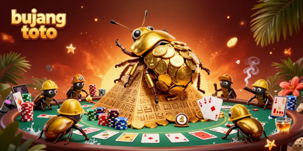 Engage with bujang toto as a golden beetle rolls a coin ball up a pyramid amid vibrant casino elements.