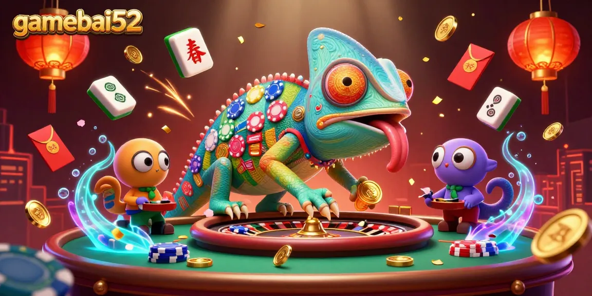 gamebai52's dynamic casino scene showcasing a chameleon owner, poker elements, and celebratory decorations.