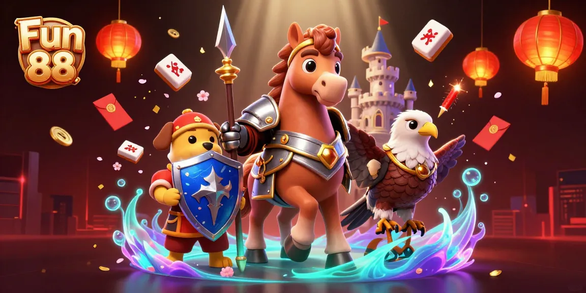 Engage in thrilling casino fun with Fun 88, featuring a jousting knight and vibrant gambling elements in a captivating scene.