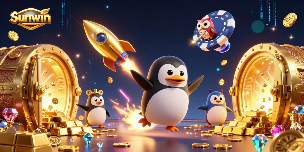 Experience the adventure of Sunwin as the golden penguin navigates towards winning treasures in a vibrant casino galaxy.