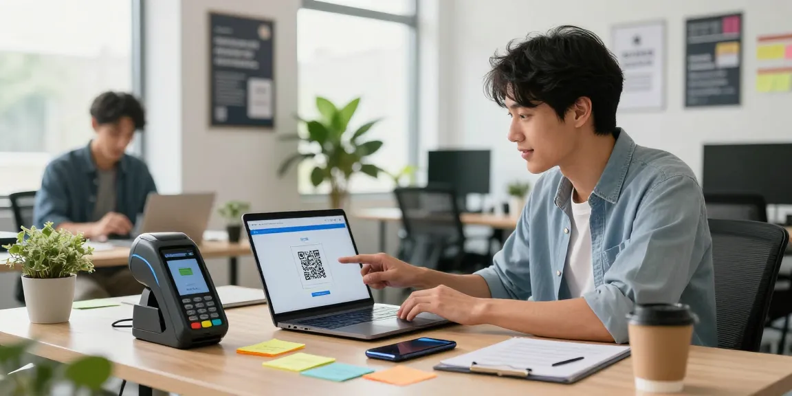 Engaging digital payment scene featuring slot qris interface on laptop.