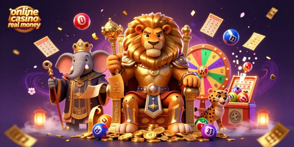 Engage with online casino real money games in a vibrant scene featuring royalty and dynamic prizes.