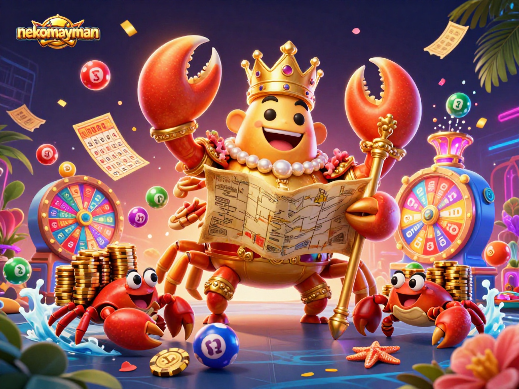 Engage in the captivating world of nekomayman as a golden crab emperor rules the casino, surrounded by thrilling lottery elements.