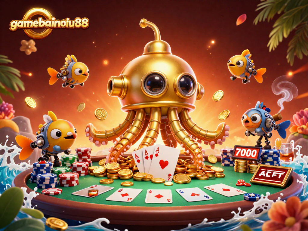 Win big with gamebainohu88 in this vibrant scene of a golden kraken submarine amidst poker excitement.