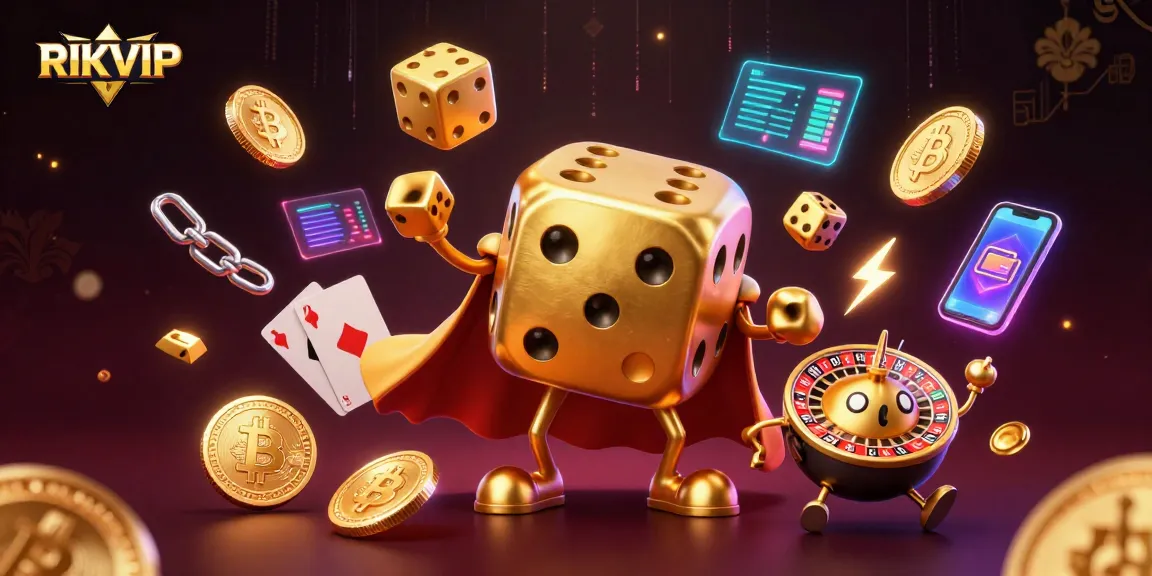 Experience RIKVIP with dynamic golden dice and neon crypto elements in an engaging 3D casino scene.