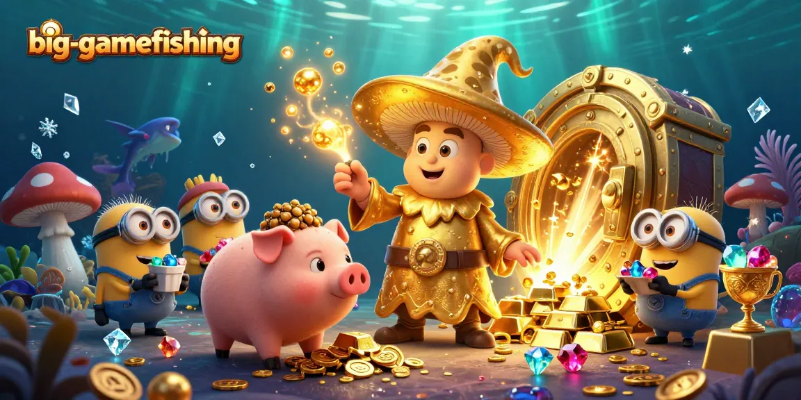 Experience big-gamefishing with golden treasure, magic, and sea creatures in this dynamic illustration