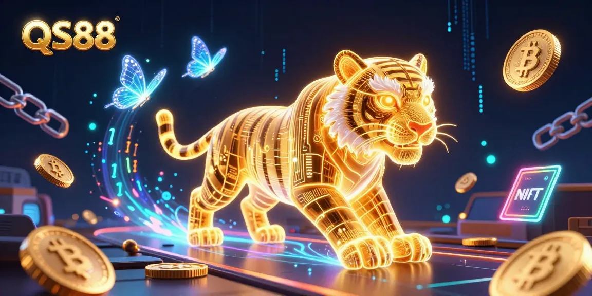 Experience the vibrant gaming world of QS88 with a neon tiger and crypto elements.