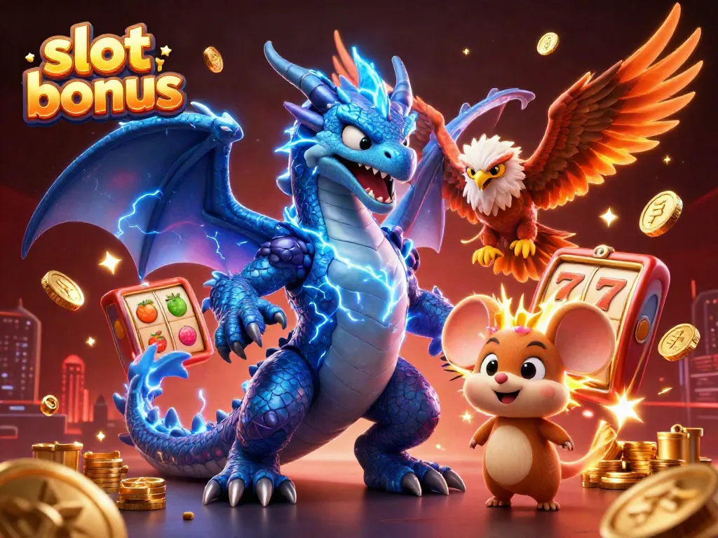 Experience an exciting slot bonus adventure with electrifying characters and casino symbols.