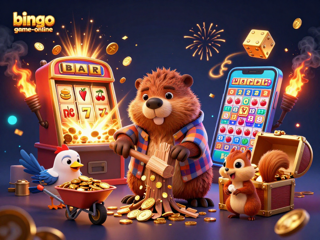 Bingo-game-online's vibrant jackpot scene featuring a beaver, bird, and squirrel amid coins and slot machine elements.