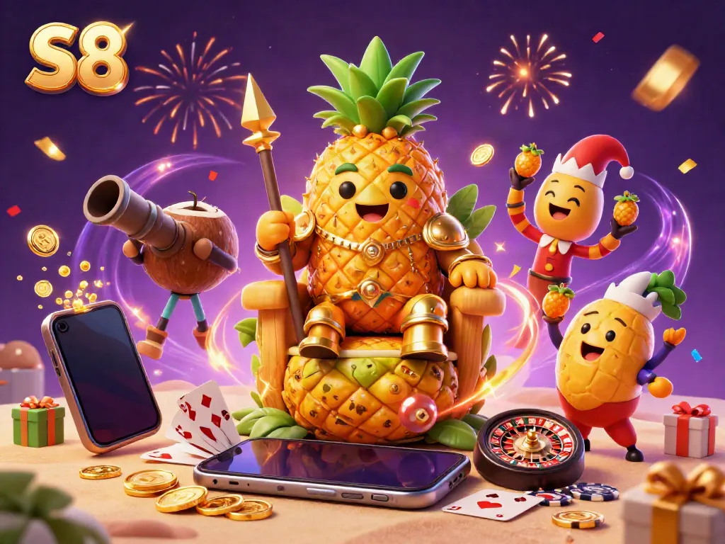 Experience S8 with dynamic slots, celebrating golden characters on a vibrant casino beach.