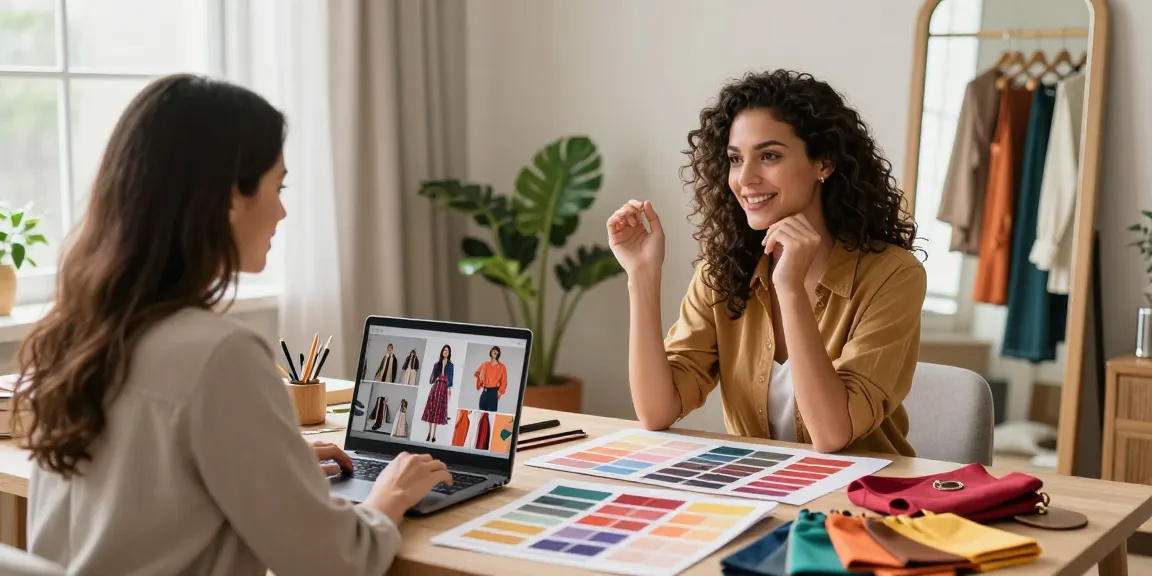 Consulenza d'immagine online in un accogliente ambiente domestico con abiti e accessori.
