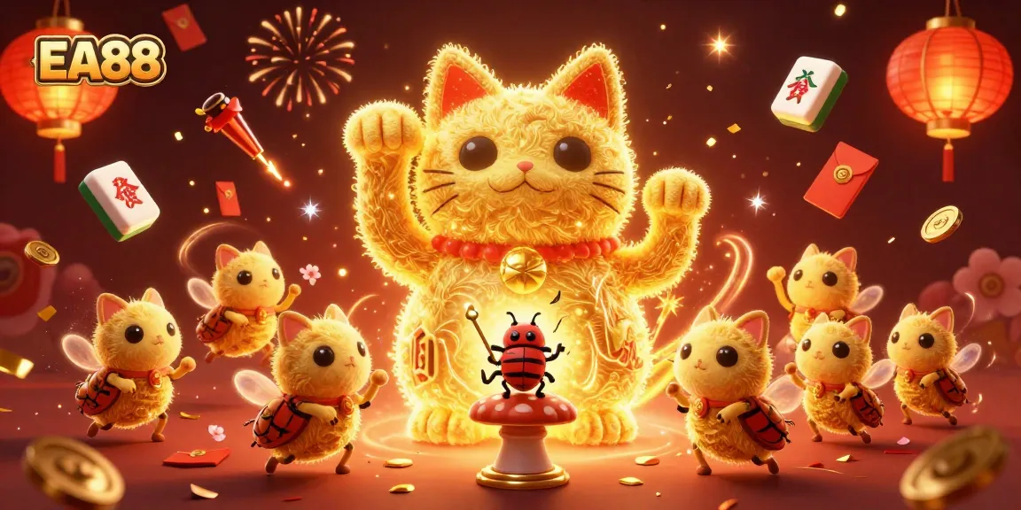 Play with EA88 at a vibrant casino scene featuring a lucky cat and festive symbols.