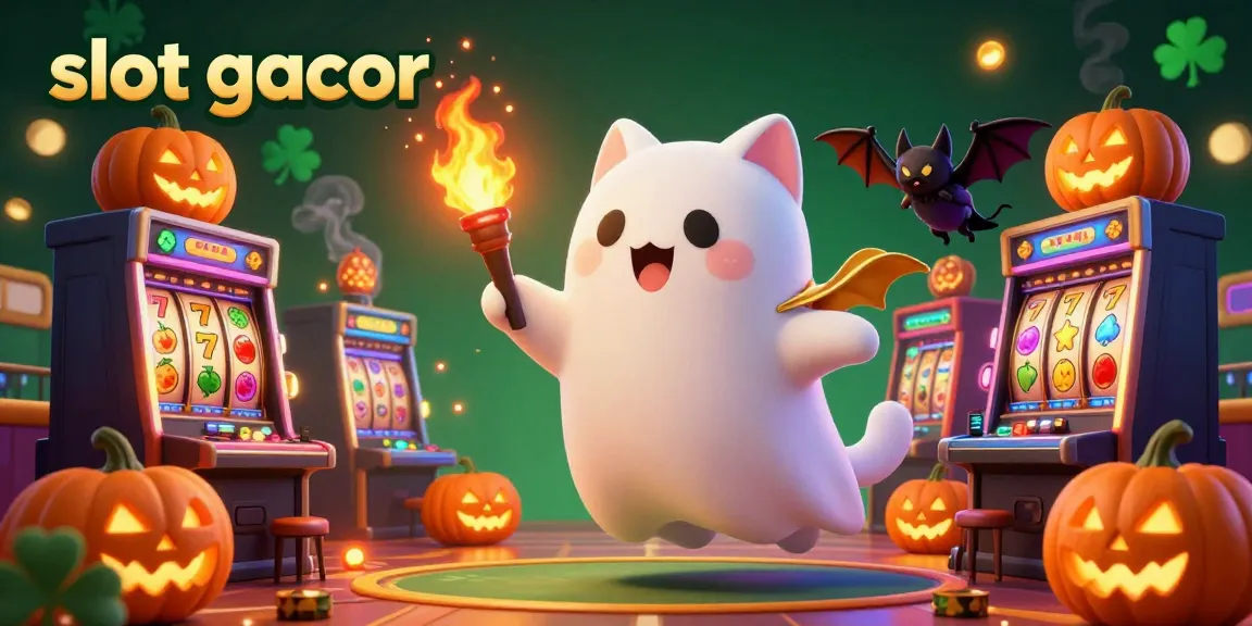 Engage with slot gacor winning strategies in a colorful casino scene with ghost cat and jack-o-lanterns.