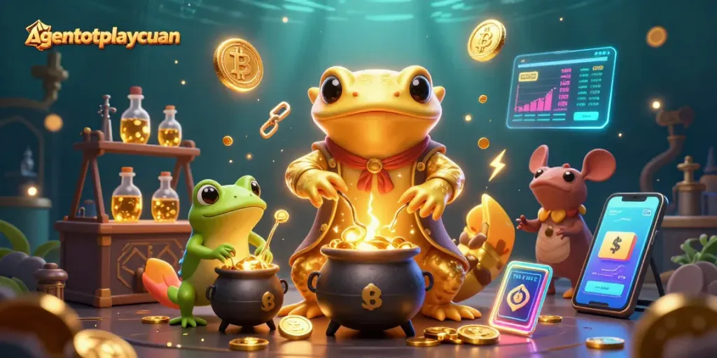 Experience the thrill of gambling with agentotoplaycuan's captivating casino scene blending alchemy and digital coins.